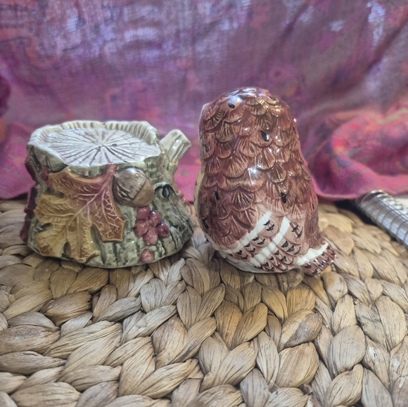 Fitz And Floyd Autumn Woods Owl Stump Ceramic Salt Pepper Shaker Set - Picture 7 of 7